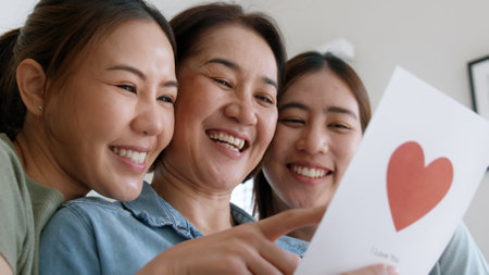 Mother day two grown up child cuddle hug give flower gift box red heart card to mature mum. Love kiss care mom asia middle age adult three people sitting at home sofa happy smile enjoy family time.の写真素材