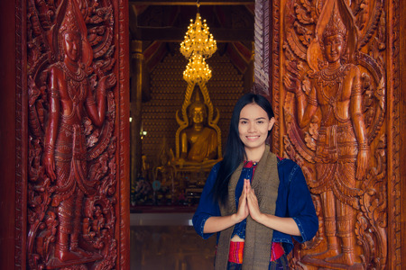Thai woman wearing typical Thai dress, identity culture of Thailandの写真素材
