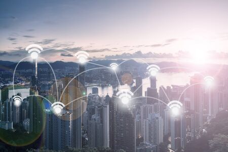 City Scape and Wifi Network Connection Conceptの写真素材