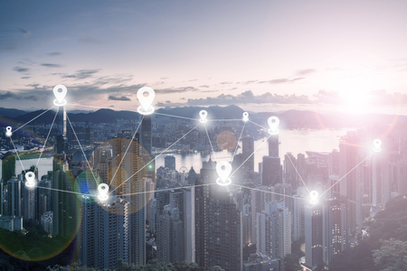 Map pin flat above city scape and network connection conceptの写真素材