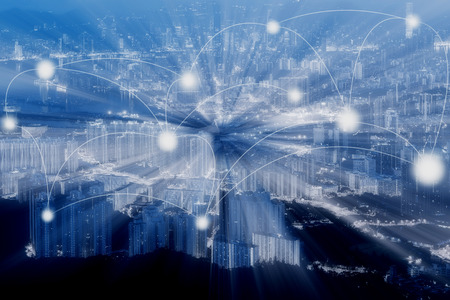 Blue Tone Hong Kong cityscape and network in abstract science or technology conceptの写真素材