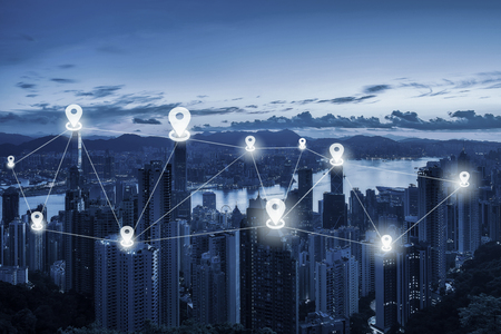 Map pin flat above city scape and network connection concept - Network business conection system on Hong Kong cityscape background.の写真素材