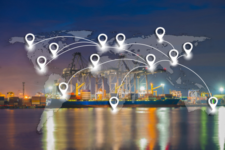 Map pin flat network conection on world global logistics and transportation connection of industrial port with containers cargo ship background (Elements of this image furnished by NASA)