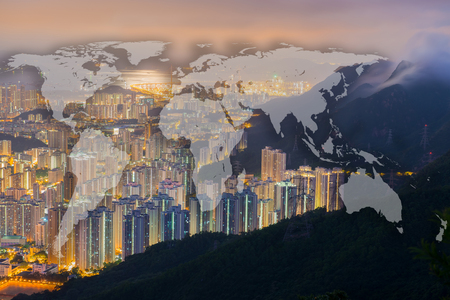 World Global Network Cartography Globalization with Hong Kong Cityscape in Business district with high building at nightの写真素材