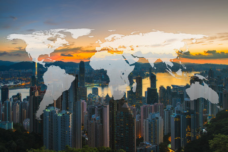 World Global Network Cartography Globalization with Hong Kong city backgroundの写真素材