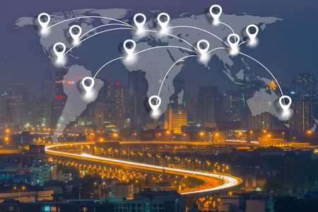 Map pin flat network conection on world global Cartography Globalization with cityscape business district background.の写真素材