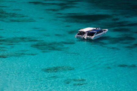 Beautiful sea landscape with tropical coast and the highspeed boatのeditorial素材