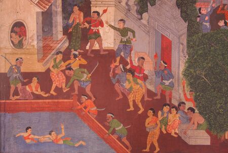 Beautiful Mural Painting, which is public domain or treasure of Buddhism, is painted on the wall of Emerald Buddha Temple in Bangkok, Thailand.のeditorial素材