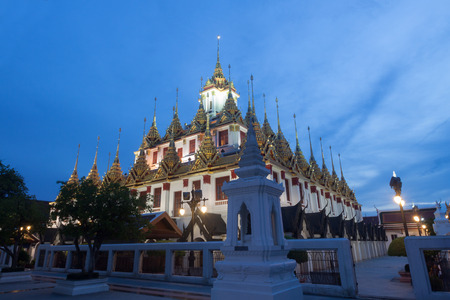 Famous temple at Night: Loha prasat (metallic castle) of Ratchanadda Temple in Bangkok, Thailandのeditorial素材