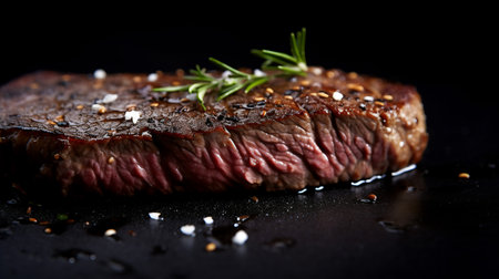 Close-up shot of steak with rosemary on a black background.by Generative AI.の素材