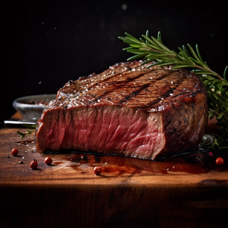 Grilled beef steak with rosemary and spices on a wooden board. By Generative AI.の素材