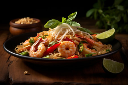 Pad Thai with prawns and vegetables on wooden table. By Generative AIの素材