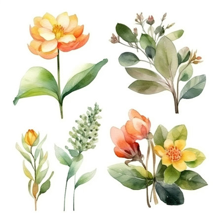 Watercolor flowers set. Painted illustration isolated on white background. By Generative AI.の素材