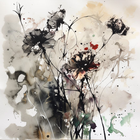 Watercolor blooming spring flowers with ink splash background. By Generative AI.の素材