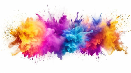 Colorful rainbow Holi paint color powder explosion. Colorful explosion of colored powder. Isolated on white background. By Generative AI.の素材