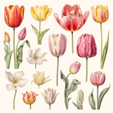 Set of red, pink, yellow and white tulips. Watercolor illustration isolated on white background. By Generative AI.の素材