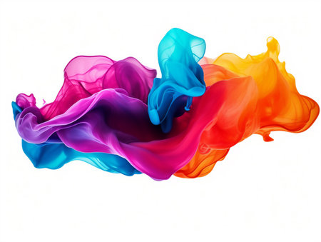 Abstract color splashes isolated on white background. 3D colorful ink in water. By Generative AI.の素材