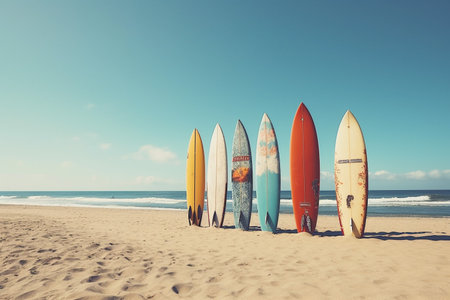 Surfboards on the beach with blue sky, vintage filter effect. By Generative AI.の素材