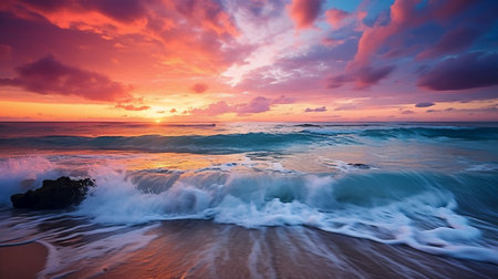 Colorful sunset over the sea. Beautiful seascape. Dramatic sky. By Generative AI.の素材