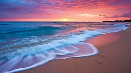Beautiful vibrant color sunset on the beach. Colorful sky, sea and sand. By Generative AI.の素材