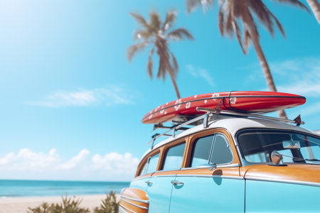 Vintage car parked by the beach with surfboard on the roof rack. Vacation concept. Copy space. By Generative AI.の素材
