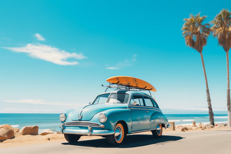 Retro car parked by the beach with surfboard on the on the roof rack. Vacation and travel concept. By Generative AI.の素材