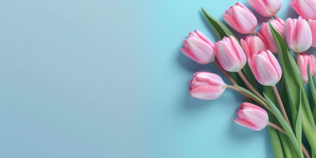 Bouquet of pink tulips on a blue background. Place for text. By Generative AI.の素材