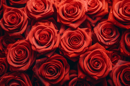 Top view of red rose with water droplets on rose petals, decoration for greeting card or invitation. By generative AI.の素材