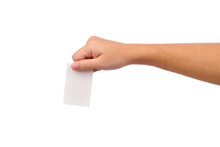 Hand and a card isolated on whiteの写真素材