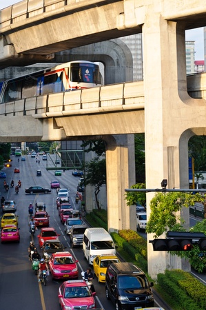 BANGKOK - NOVEMBER 12 : sky train system above the street near  intersection on November 12, 2011 in...