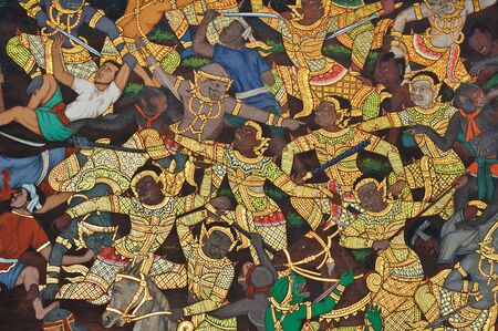Wall painting at Grand Palace, Bangkok, Thailand. The painting is about Ramayana epic story.のeditorial素材