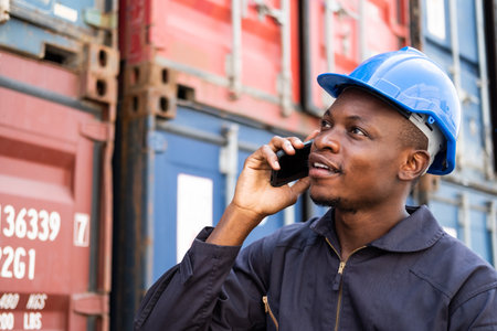 Selective focus at face of Black African man worker wearing safety equipment, talking on smartphone while check and inspection the condition of container. Import and export, logistic freight worker.の写真素材