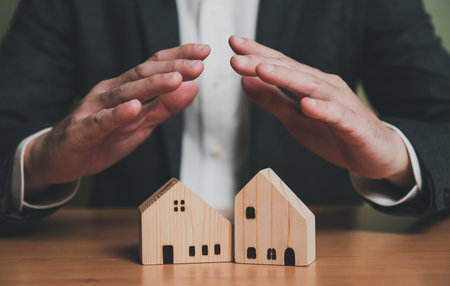Hand of businessman or insurance agent protect house or asset from accident. Insurance protection that can cover cost of expense, financial and risk management concept.の写真素材