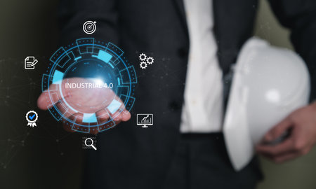 Business person dress in formal suit holding an icon that show the component of Business that do...