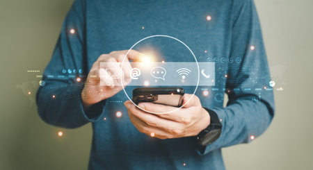 Men hand pointing finger and reach out for contact for customer service or purchase order from online shopping. Global marketing that allow business to connect with insight customer data.の写真素材