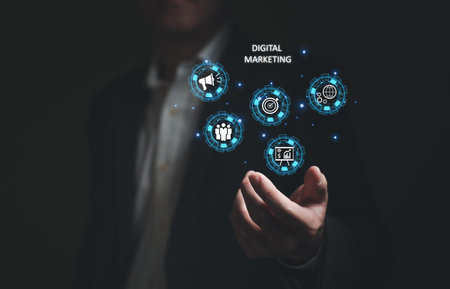 Selective focus at business men hand holding smartphone while search or buying online marketplace with icon show digital marketing campaign or online Search Engine Optimization to boost up sales.の写真素材
