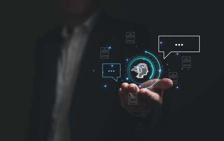 Selective focus at human hand while type or input a command to navigate chatbot or AI to get answer or information from big database. Artificial intelligence that can provide SEO or business info.の写真素材