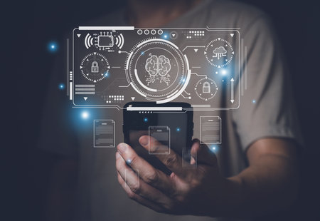 Selective focus at human hand while type or input a command to navigate chatbot or AI to get answer or information from big database. Artificial intelligence that can provide SEO oの写真素材