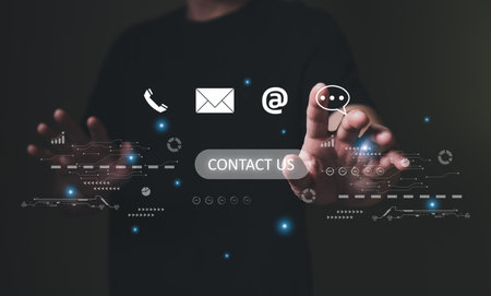 Men hand pointing finger and reach out for contact for customer service or purchase order from online shopping. Global marketing that allow business to connect with insight customer dataの写真素材