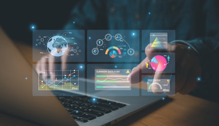 young entrepreneur using big data analysis and cloud technology to collect customer data and display...