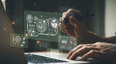 Entrepreneur hand point at digital screen dashboard while control and reduce carbon emission for global friendly business. Business with environment concern, carbon credit and zero emission.の写真素材