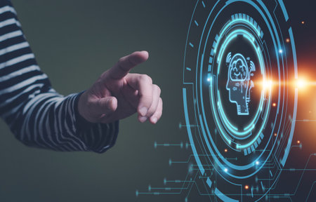 Selective focus at human hand while type or input a command to navigate chatbot or AI to get answer or information from big database. Artificial intelligence that can provide SEO or business info.の写真素材