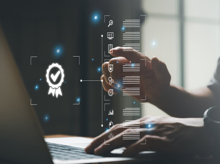 Entrepreneur point at certificate icon that show top service quality standard in business or commercial service certification. Quality assurance formal concept in organizationの写真素材