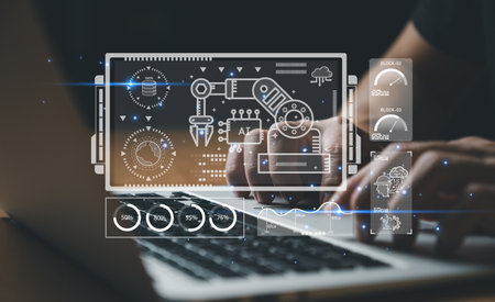 Business person dress in formal suit holding an icon that show the component of Business that do digital transformation for industrial or manufacturing vertical.の写真素材