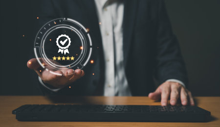 Entrepreneur point at certificate icon that show top service quality standard in business or commercial service certification. Quality assurance formal concept in organization.の写真素材