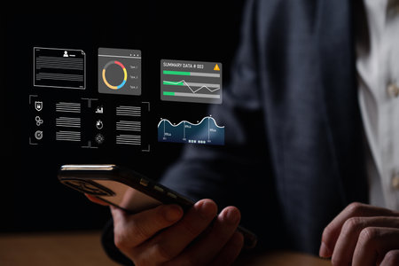 young entrepreneur using big data analysis and cloud technology to collect customer data and display on application dashboard from digital tablet to understand sale forecast and marketing plan.の写真素材
