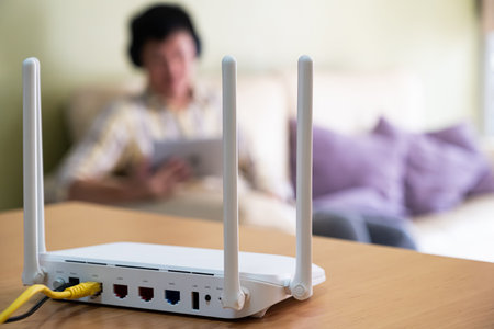 Selective focus at router. Internet router on working table with blurred man using tablet at the background. Fast and high speed internet connection from fiber line with LAN cable connection.の写真素材
