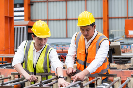 Selective focus at Asian men mechanical engineer, wearing safety equipment. While doing machine maintenance and safety control inside of factory area. With blurred background of heavy machine.の写真素材