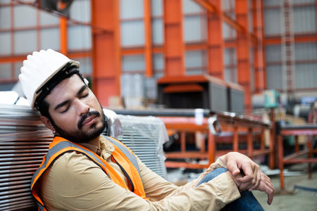 Engineer of industrial working taking a nap or fall asleep inside of factory industrial area because of long working shift. Exhausted working who need to take a rest while workingの写真素材