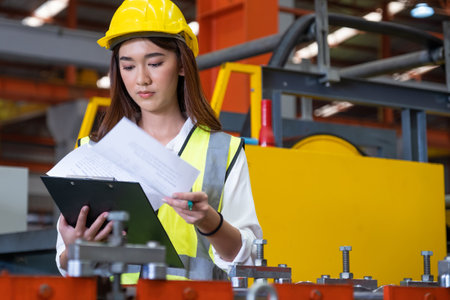 Selective focus at young women inspector wearing safety equipment. While doing audit for quality and safety control inside of factory area. With blurred background of heavy machine.の写真素材
